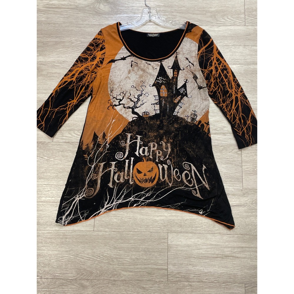 Happy Halloween Spooky House Top Asymmetrical Hem Pumpkin Lightweight Size Large